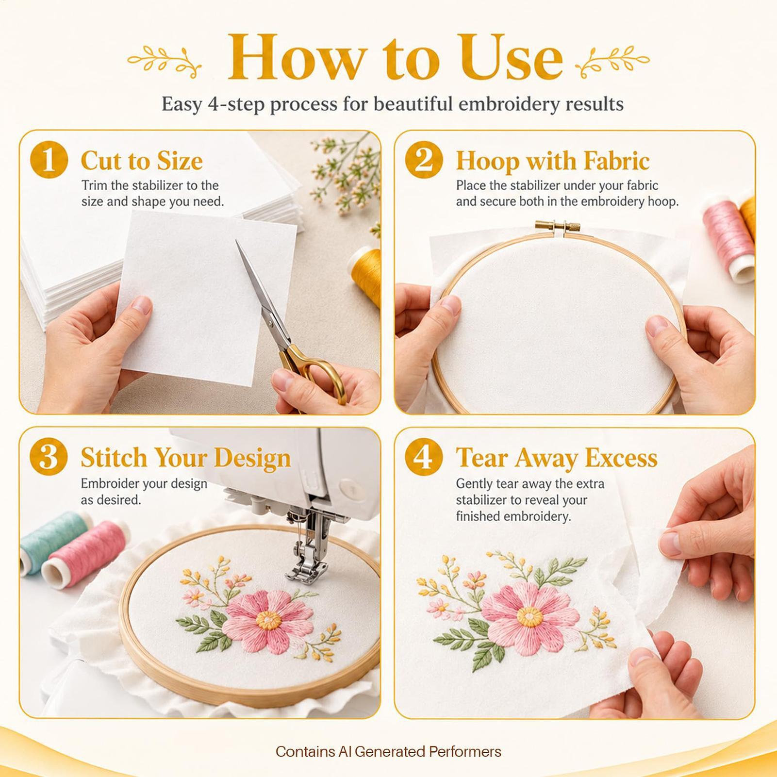 Embroidery Stabilizer Backing - Stabilisateur de broderie prédécoupé, 100 pièces,